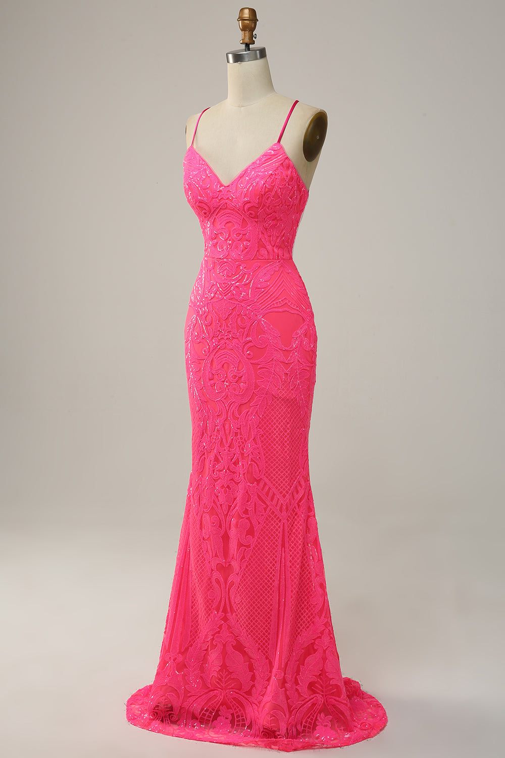 Sirena Tirantes de Espagueti Lentejuelas Rosa Vestido de Fiesta