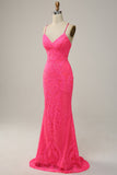 Sirena Tirantes de Espagueti Lentejuelas Rosa Vestido de Fiesta