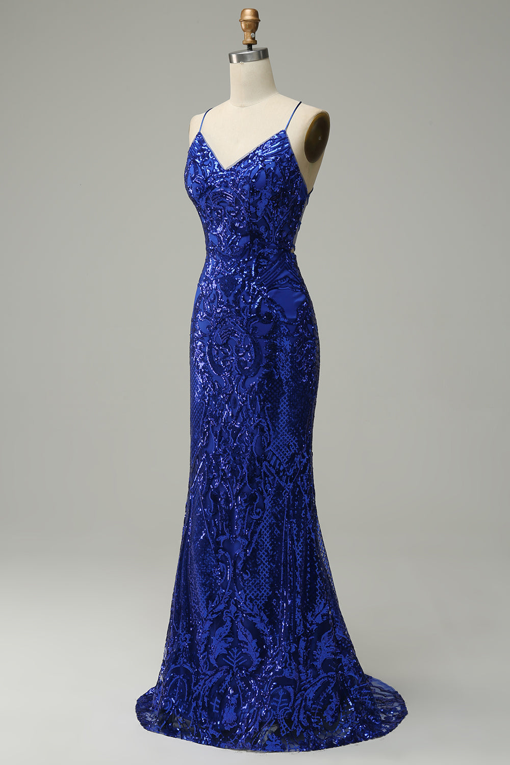 Sirena Tirantes de Espagueti Azul Real Vestido de Fiesta