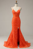 Sirena Tirantes de Espagueti Naranja Vestido de Fiesta