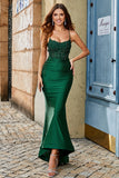 Vestido de fiesta largo de moda con cuello halter de sirena verde oscuro con apliques de abalorios