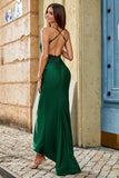 Vestido de fiesta largo de moda con cuello halter de sirena verde oscuro con apliques de abalorios