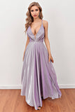 Vestido largo de baile lila deep V neck con correas cruzadas