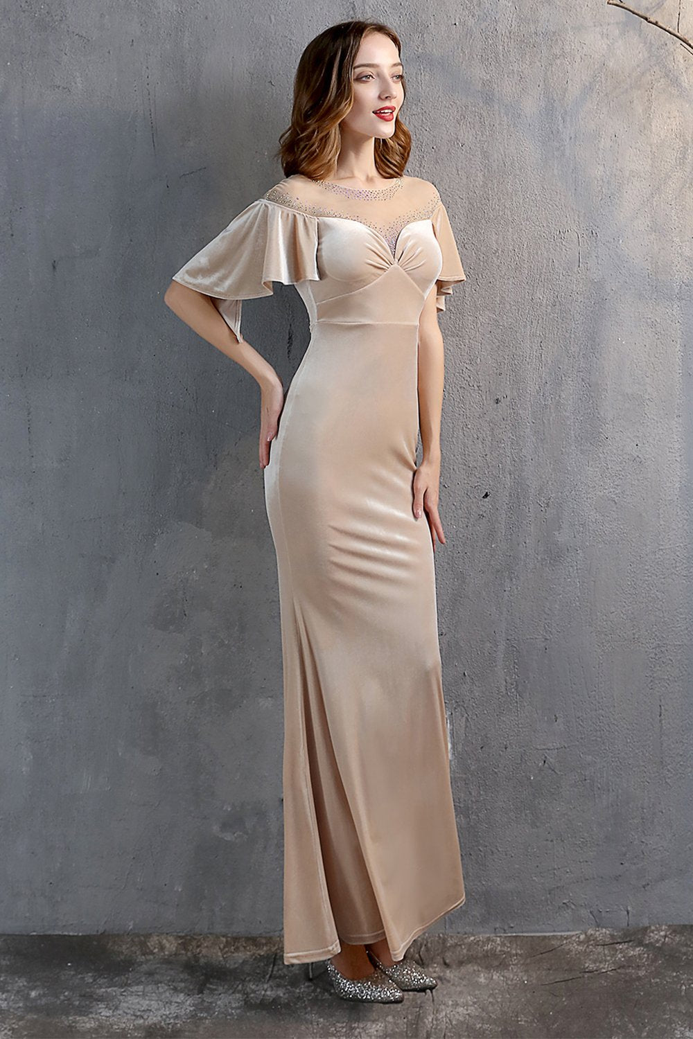Vestido largo de fiesta de sirena de terciopelo de champán