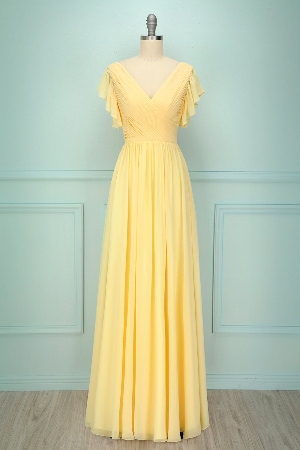 Vestido largo con cuello en v amarillo