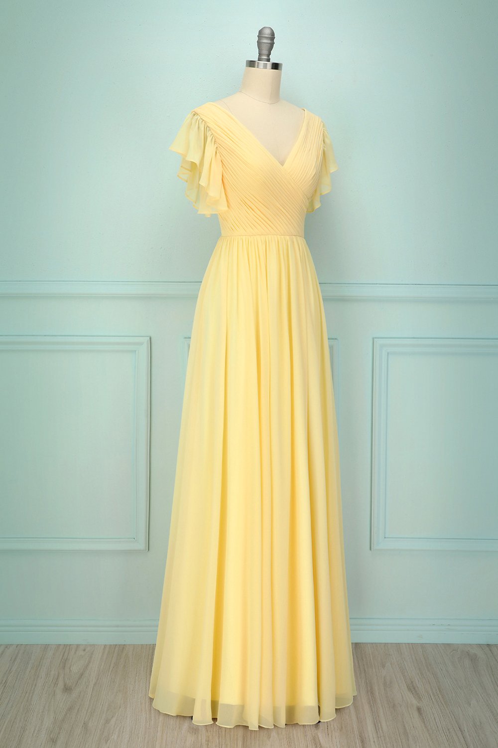 Vestido largo con cuello en v amarillo