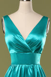 Vestido de dama de honor largo cuello en V turquesa