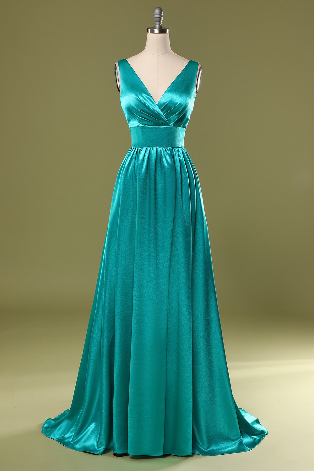 Vestido de dama de honor largo cuello en V turquesa