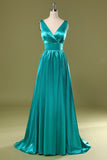 Vestido de dama de honor largo cuello en V turquesa