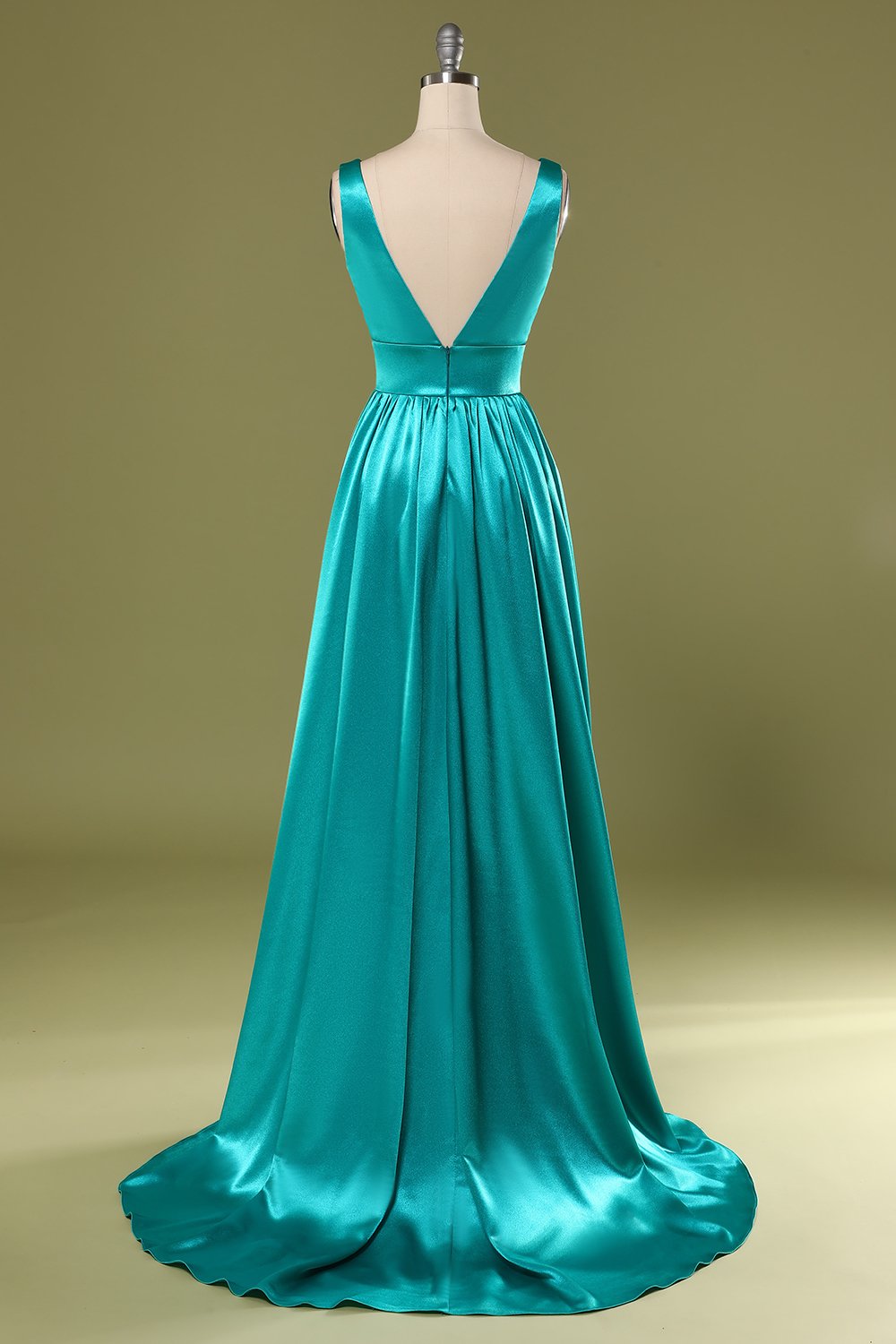 Vestido de dama de honor largo cuello en V turquesa