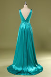 Vestido de dama de honor largo cuello en V turquesa