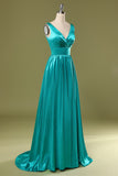 Vestido de dama de honor largo cuello en V turquesa