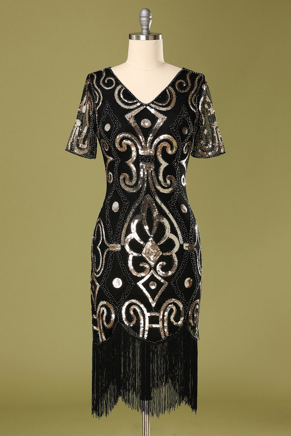 Vestido de aleta de lentejuelas negras de los años 20