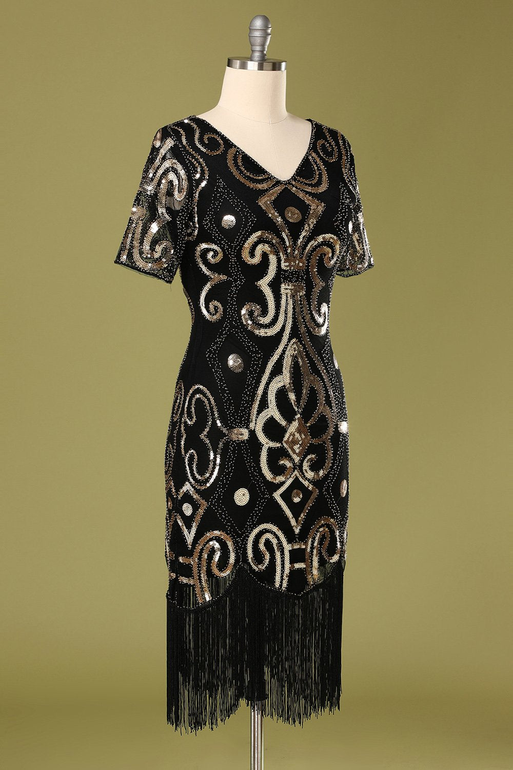 Vestido de aleta de lentejuelas negras de los años 20