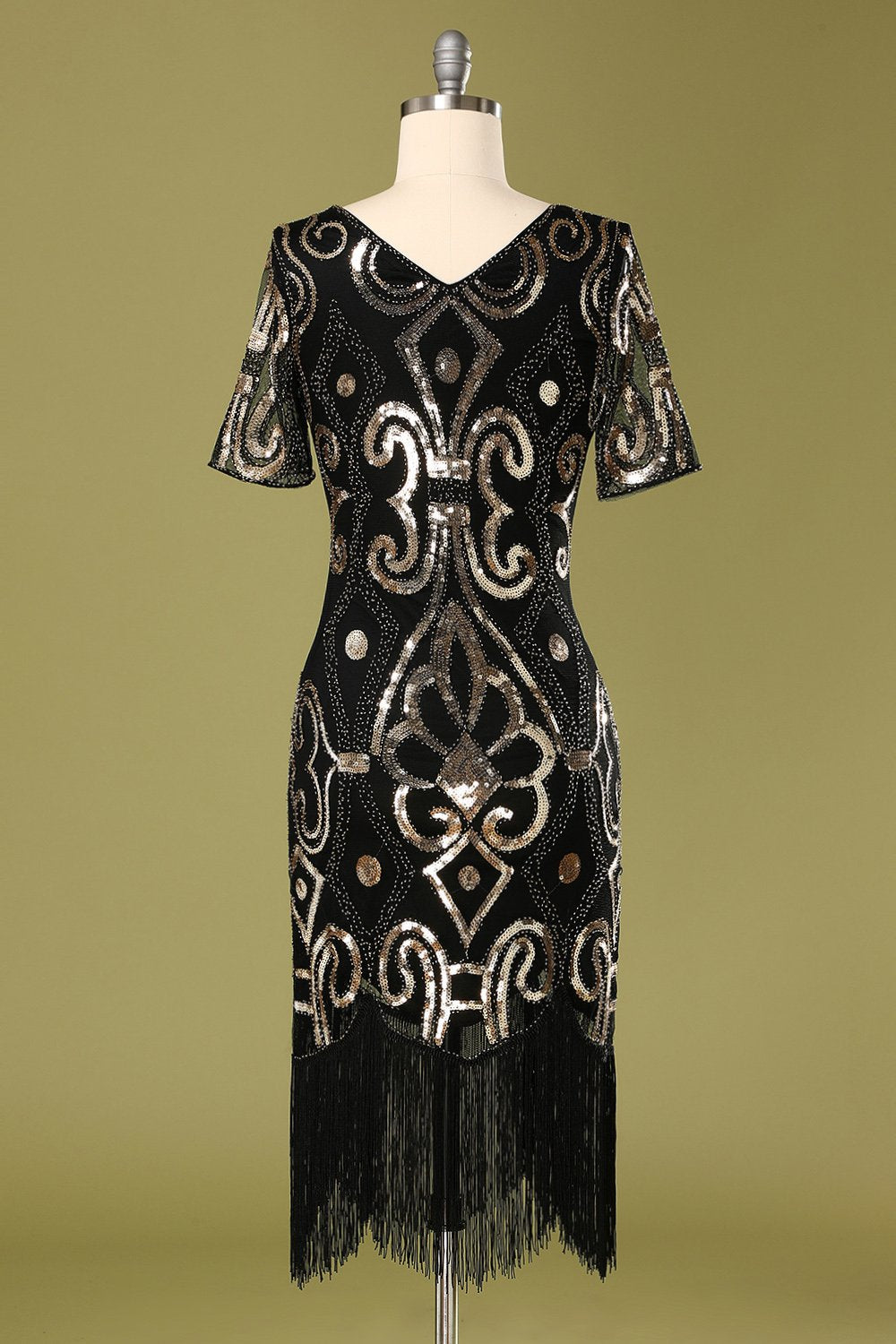 Vestido de aleta de lentejuelas negras de los años 20