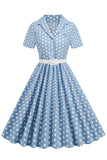 Cuello en V Azul Lunares 1950s Vestido