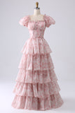 Vestido de fiesta escalonado de cuello cuadrado Blush A Line con volantes