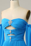 A Línea Fuera del Hombro Azul Vestido de Fiesta Con Abalorios
