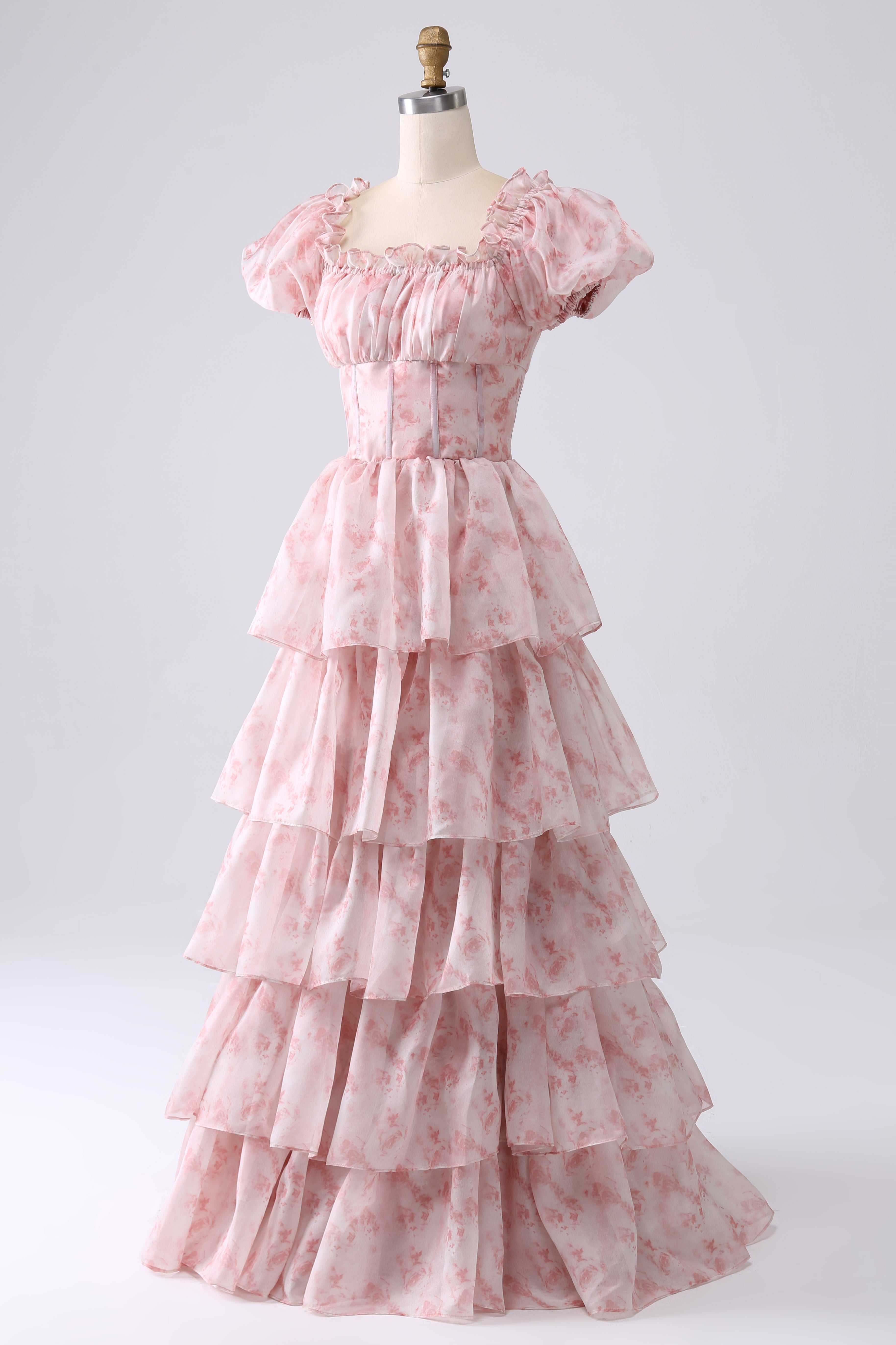 Vestido de fiesta escalonado de cuello cuadrado Blush A Line con volantes