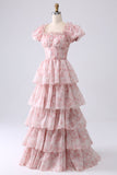 Vestido de fiesta escalonado de cuello cuadrado Blush A Line con volantes