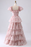 Vestido de fiesta escalonado de cuello cuadrado Blush A Line con volantes