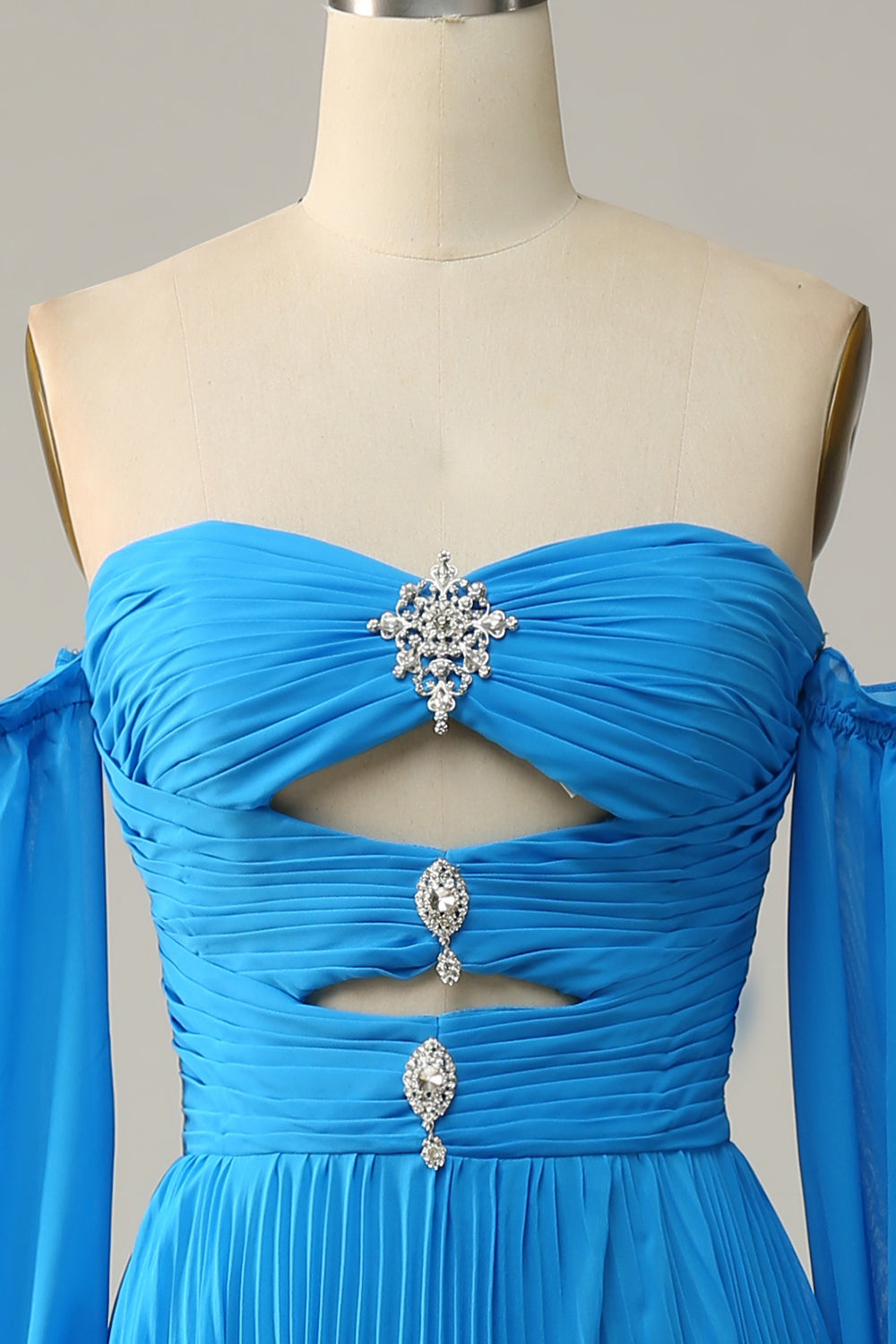 A Línea Fuera del Hombro Azul Vestido de Fiesta Con Abalorios