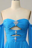A Línea Fuera del Hombro Azul Vestido de Fiesta Con Abalorios