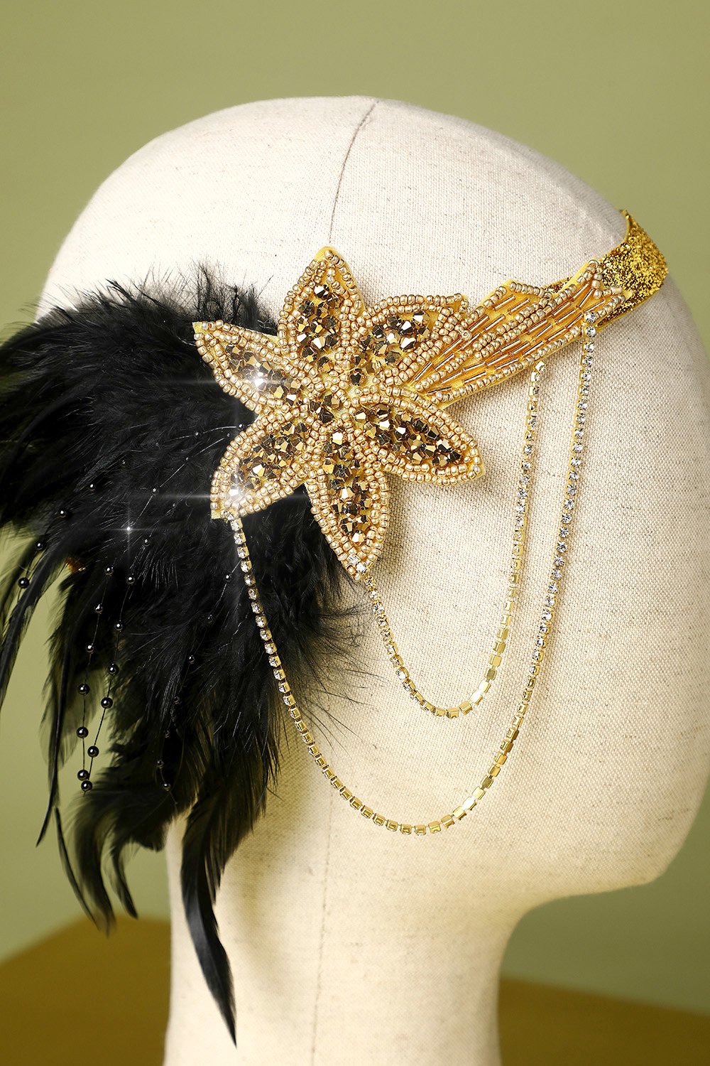 1920 Negro y pluma del oro con cuentas diadema