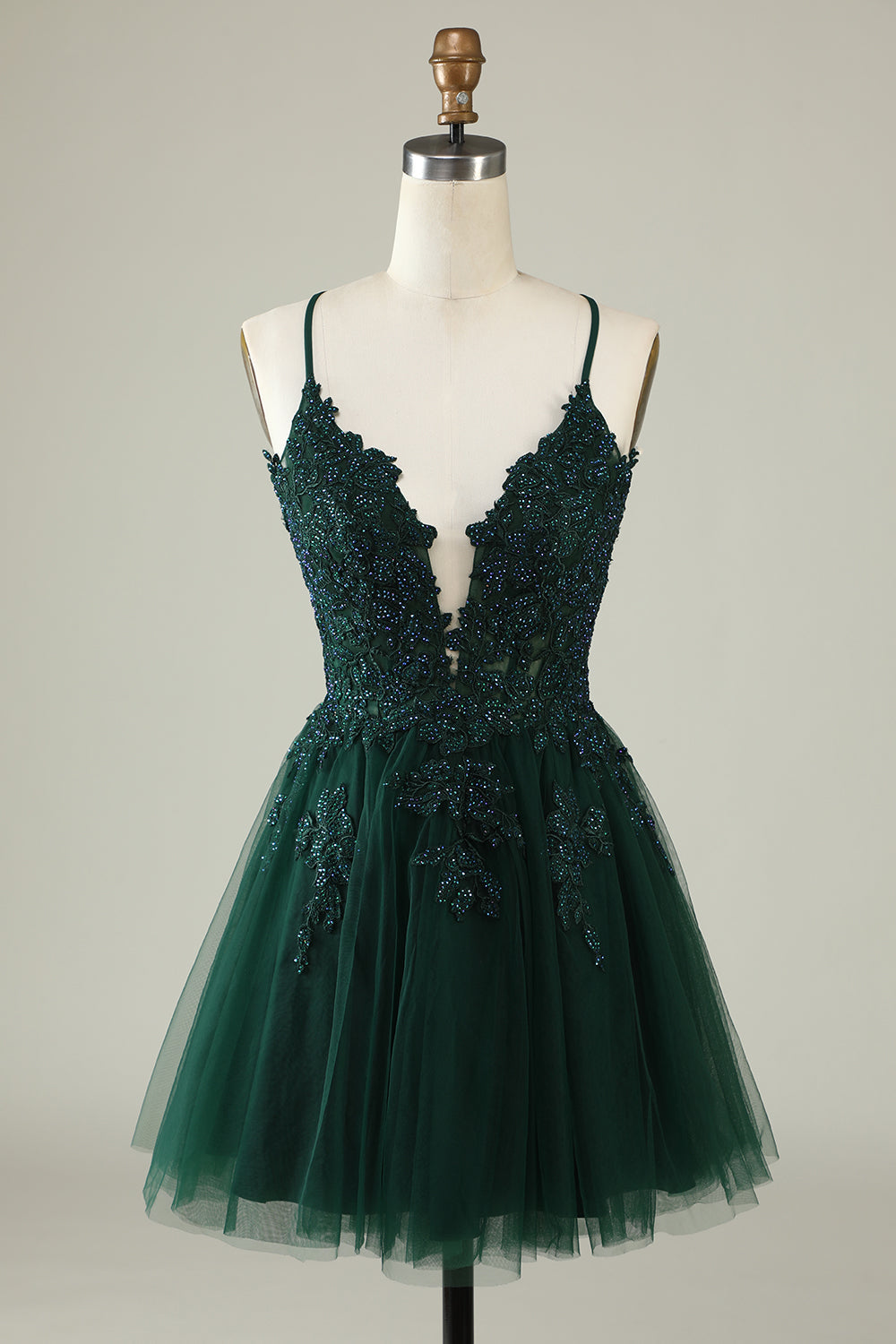 Tirantes de Espagueti Verde Oscuro Vestido Corto de Cóctel