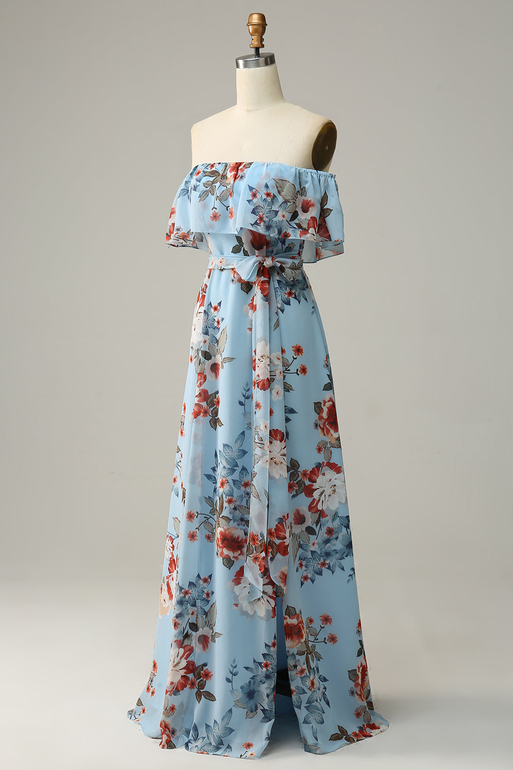 Vestido de dama de honor largo de gasa floral azul oscuro