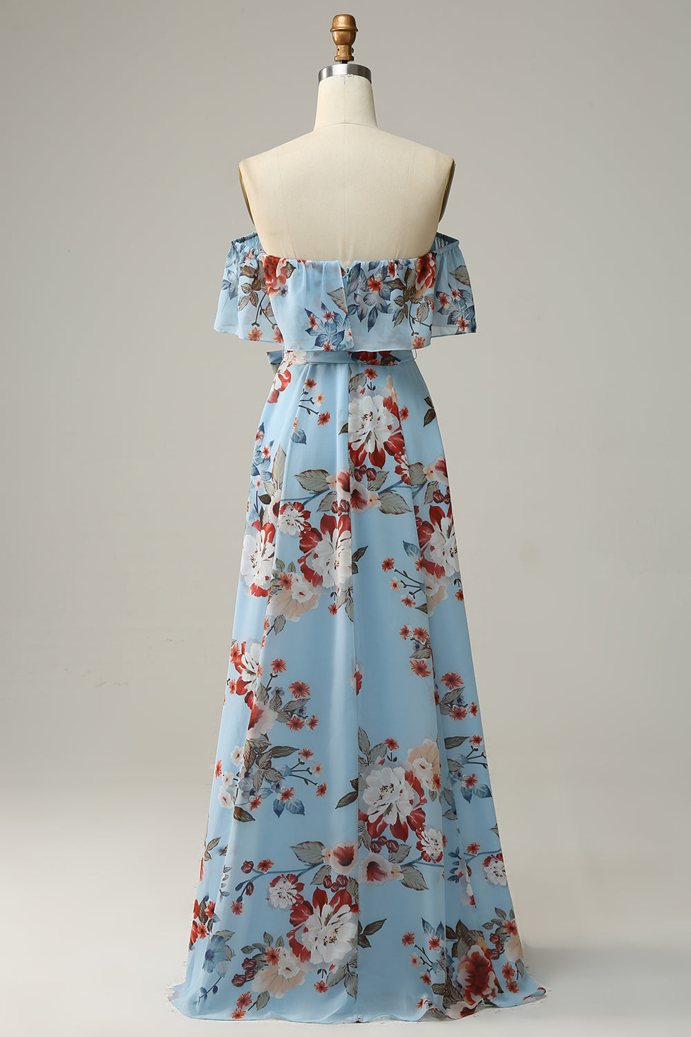 Vestido de dama de honor largo de gasa floral azul oscuro