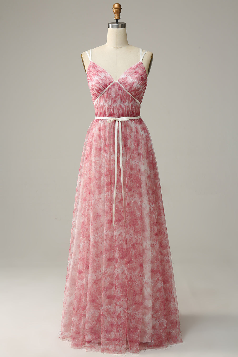 Vestido de dama de honor largo de tul con estampado azul A-Line