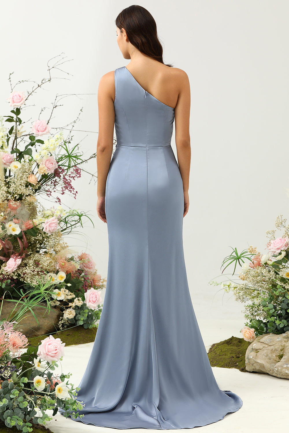 Funda de hombro azul polvoriento vestido de dama de honor largo con hendidura