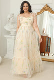 Vestido de fiesta largo champán talla grande con bordados