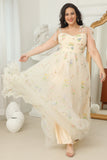 Vestido de fiesta largo champán talla grande con bordados