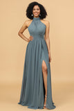 Vestido de dama de honor larga gris halter con hendidura
