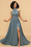 Vestido de dama de honor larga gris halter con hendidura