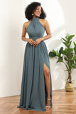 Vestido de dama de honor larga gris halter con hendidura