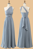 A Línea Un Hombro Halter Gris Azul Vestido de Dama de Honor