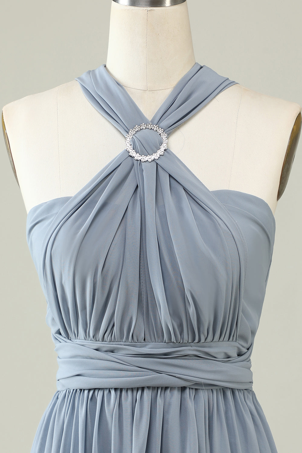 A Línea Un Hombro Halter Gris Azul Vestido de Dama de Honor