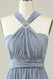 A Línea Un Hombro Halter Gris Azul Vestido de Dama de Honor