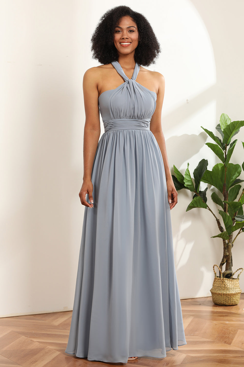 Gris Azul Vestido Largo de Dama de Honor