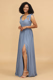 Gris Azul Espagueti Correas Largo Vestido de Dama de Honor