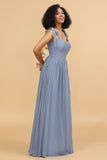 Gris Azul Espagueti Correas Largo Vestido de Dama de Honor