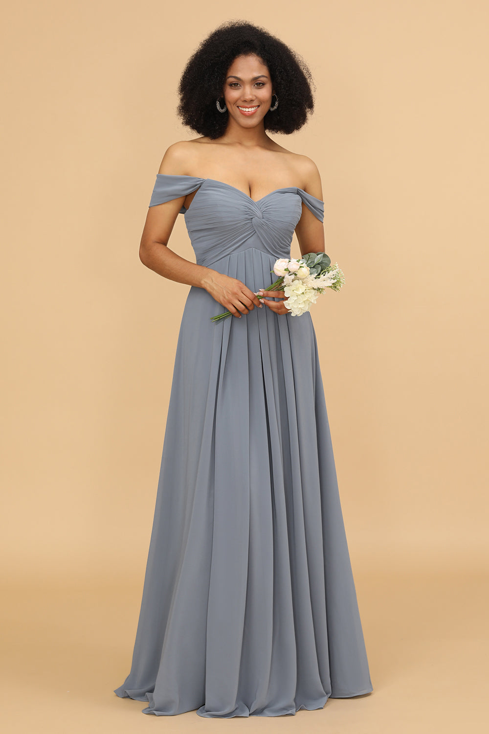 Vestido de dama de honor gasa fuera del hombro
