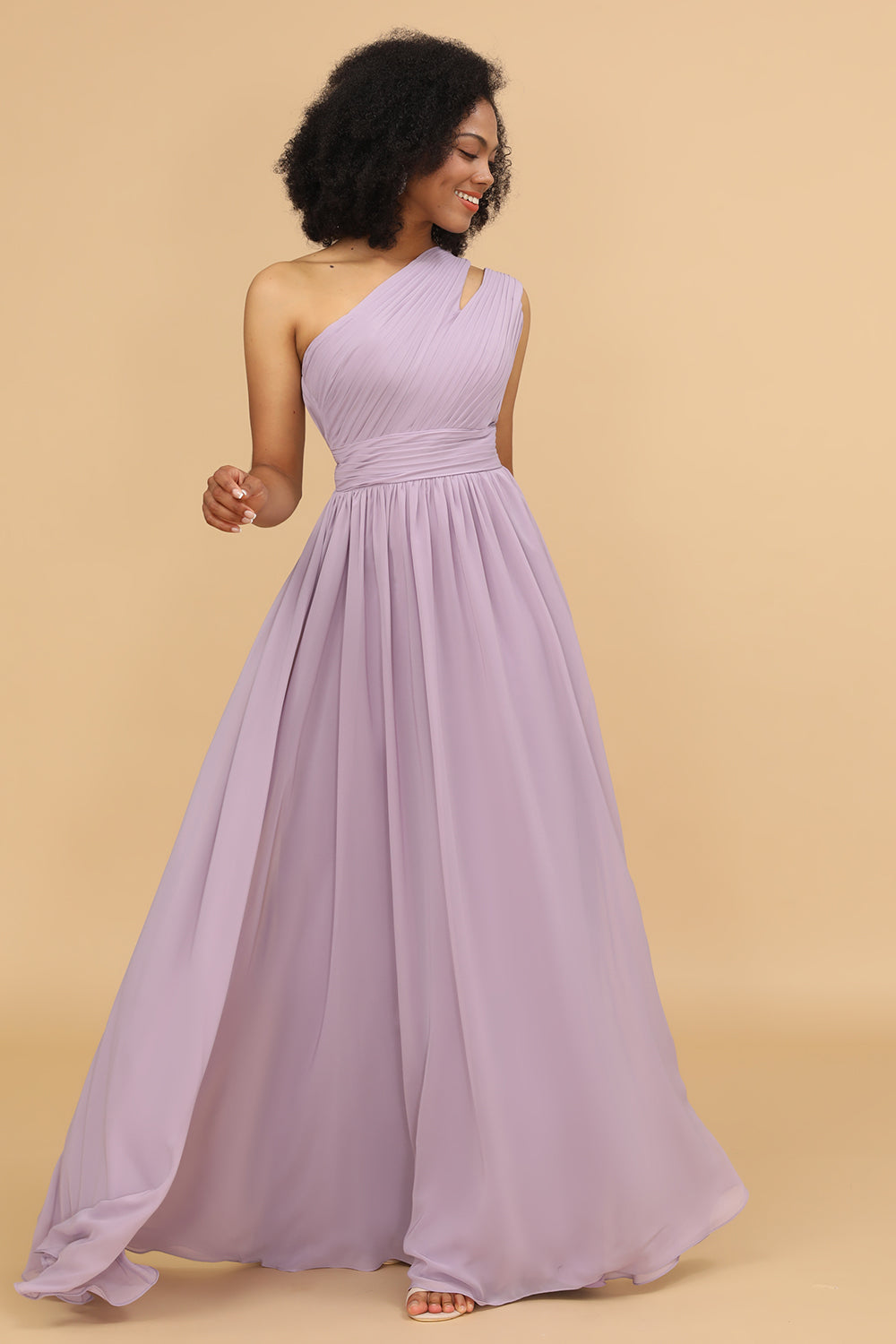 Lila Chifón Vestido de dama de honor un hombro con volantes