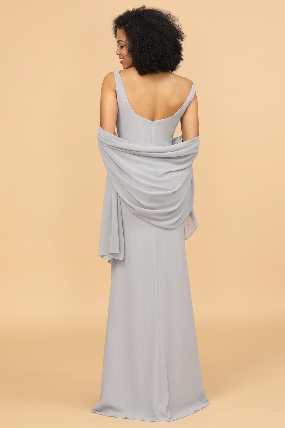 Gris Vestido de dama de honor sirena cuello cuadrado