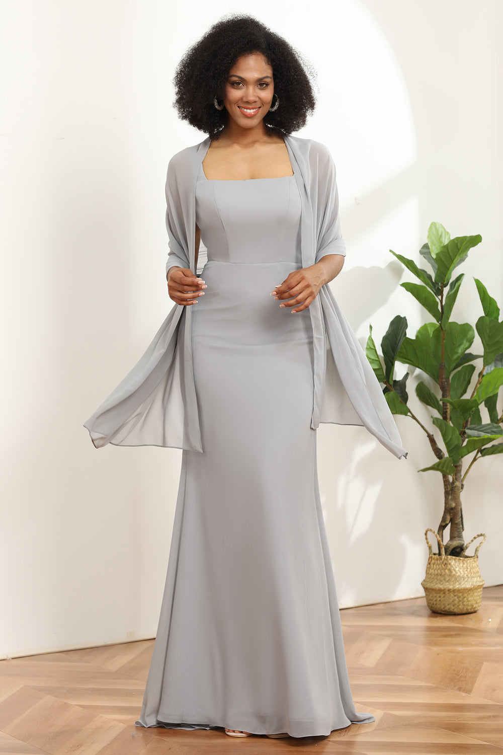 Gris Vestido de dama de honor sirena cuello cuadrado