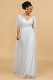 Vestido de dama de honor tul gris cuello en V Escote A