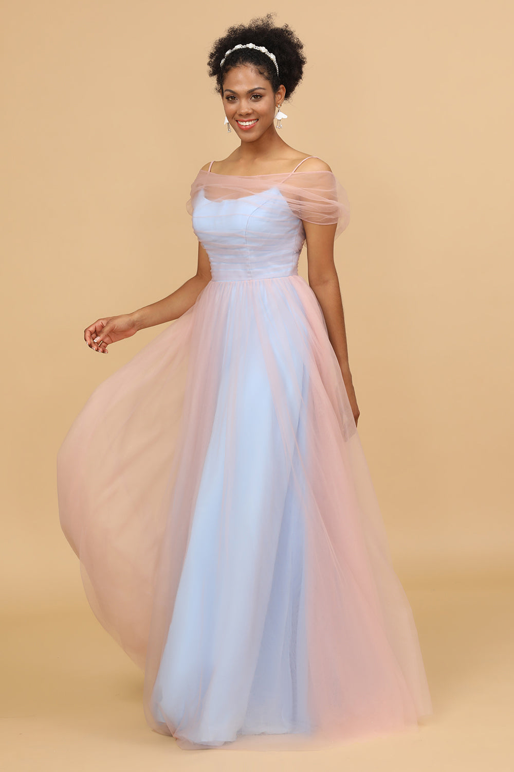 Escote A Espagueti Correas Tul Vestido Largo de Dama de Honor